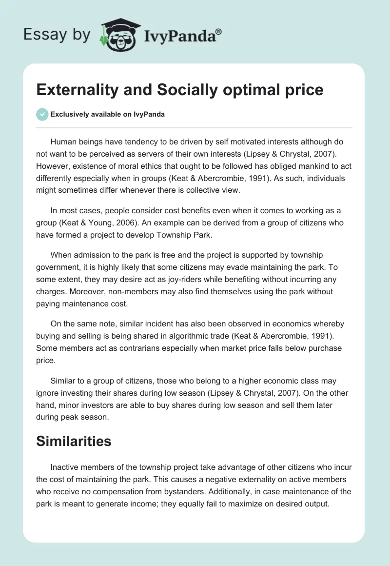 Externality and Socially optimal price. Page 1