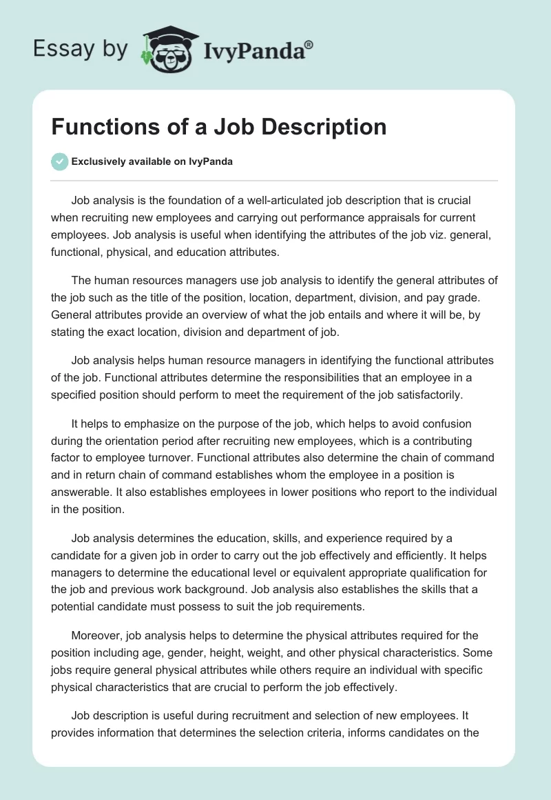Functions of a Job Description. Page 1