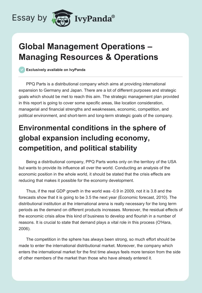Global Management Operations – Managing Resources & Operations. Page 1