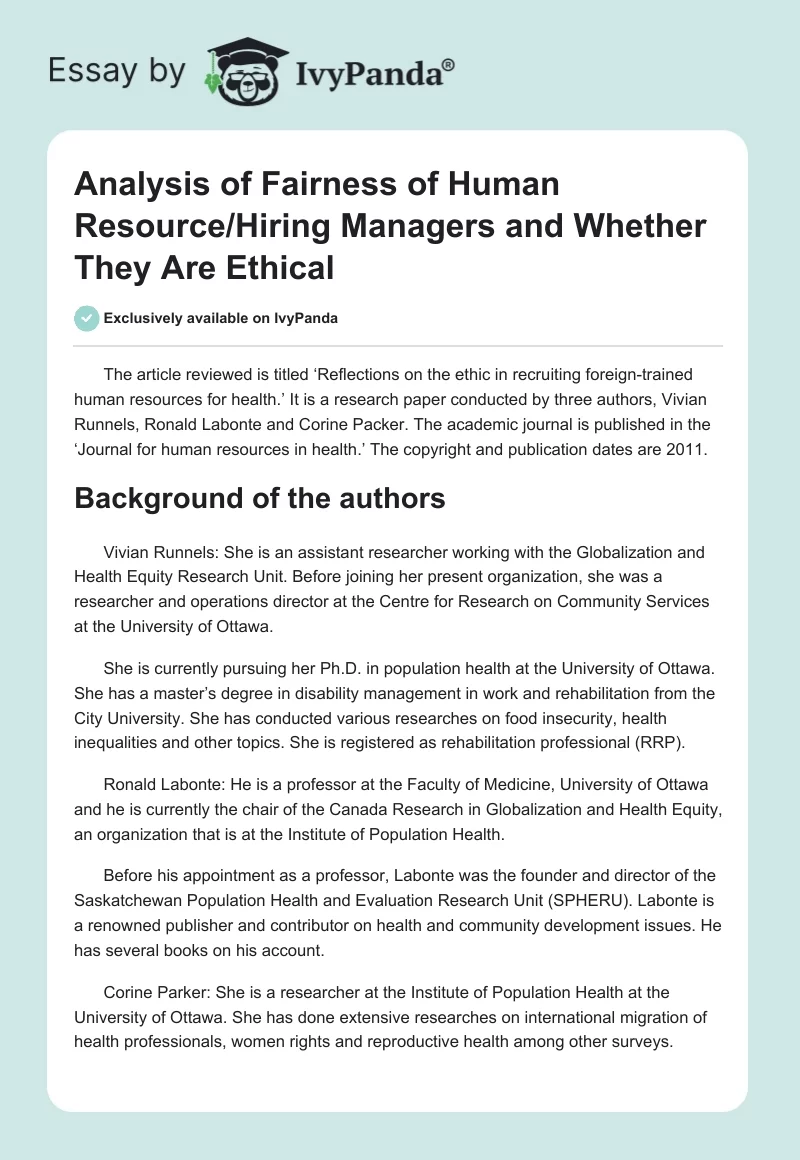 Analysis of Fairness of Human Resource/Hiring Managers and Whether They Are Ethical. Page 1