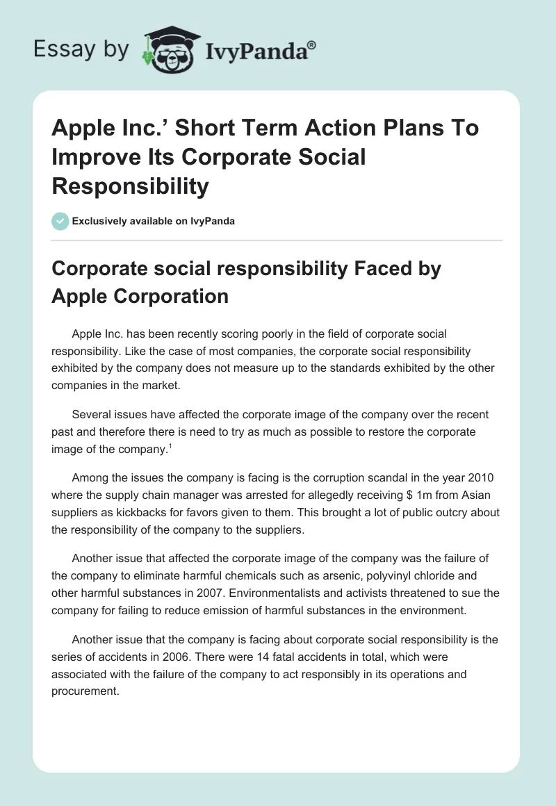 Apple Inc.’ Short Term Action Plans to Improve Its Corporate Social Responsibility. Page 1
