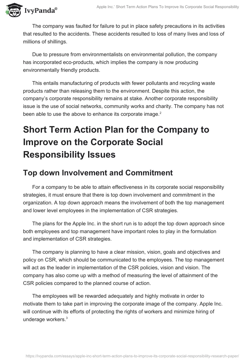 Apple Inc.’ Short Term Action Plans to Improve Its Corporate Social Responsibility. Page 2