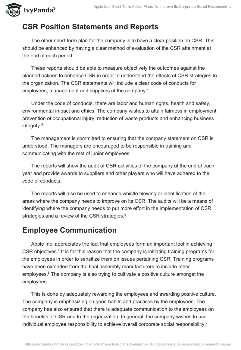 Apple Inc.’ Short Term Action Plans to Improve Its Corporate Social Responsibility. Page 3