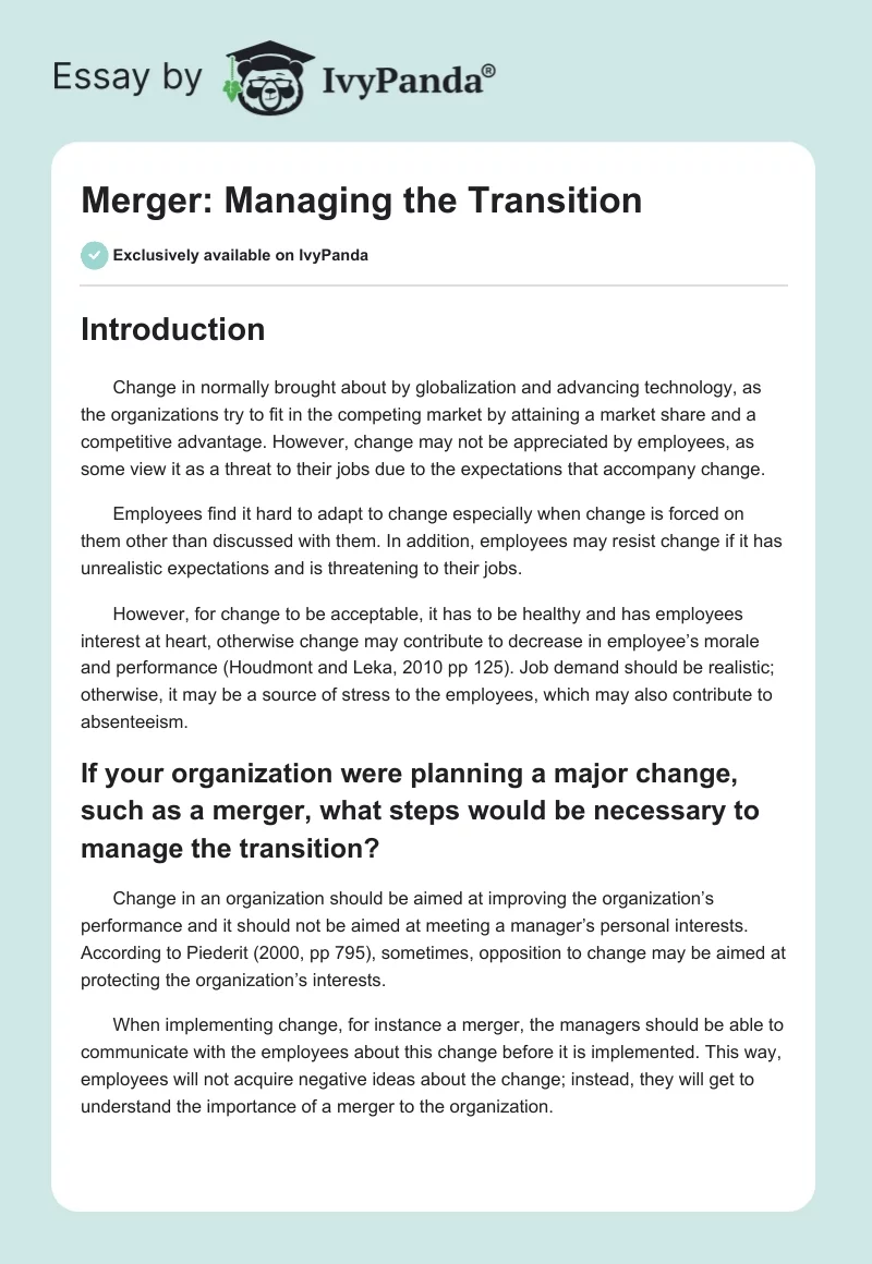 Merger: Managing the Transition. Page 1