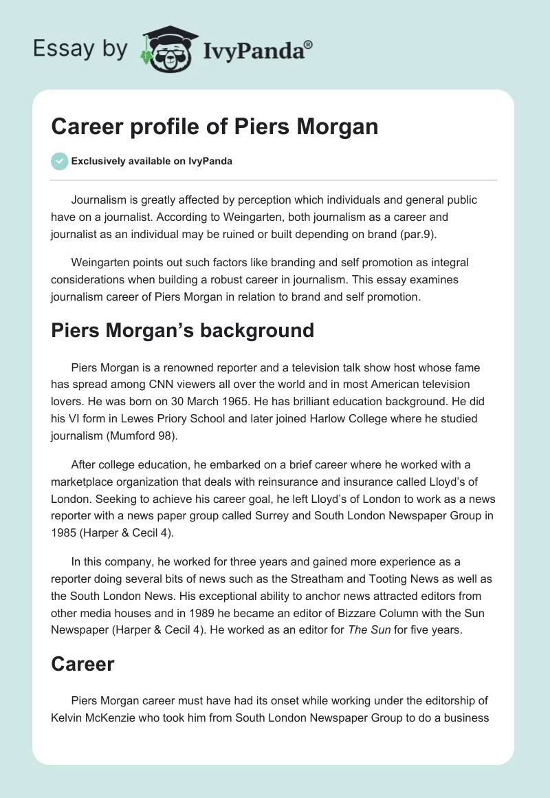 Career Profile of Piers Morgan. Page 1