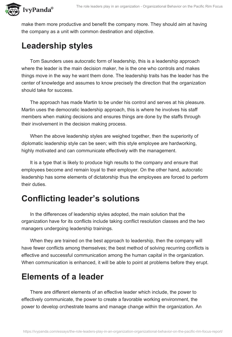 The Role Leaders Play in an Organization - Organizational Behavior on the Pacific Rim Focus. Page 2
