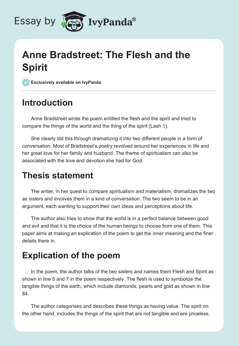 Anne Bradstreet: The Flesh and the Spirit. Page 1
