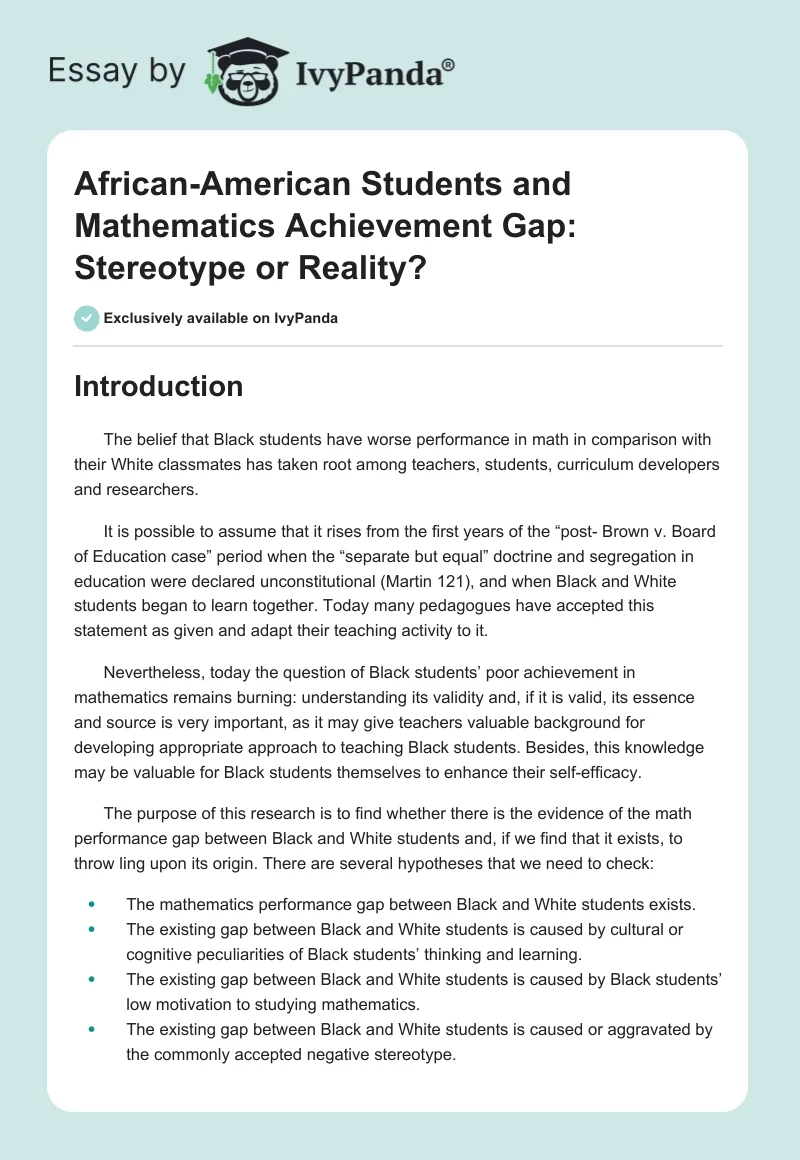 African-American Students and Mathematics Achievement Gap: Stereotype or Reality?. Page 1