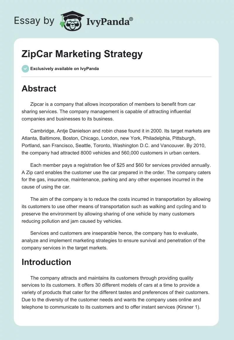 ZipCar Marketing Strategy. Page 1