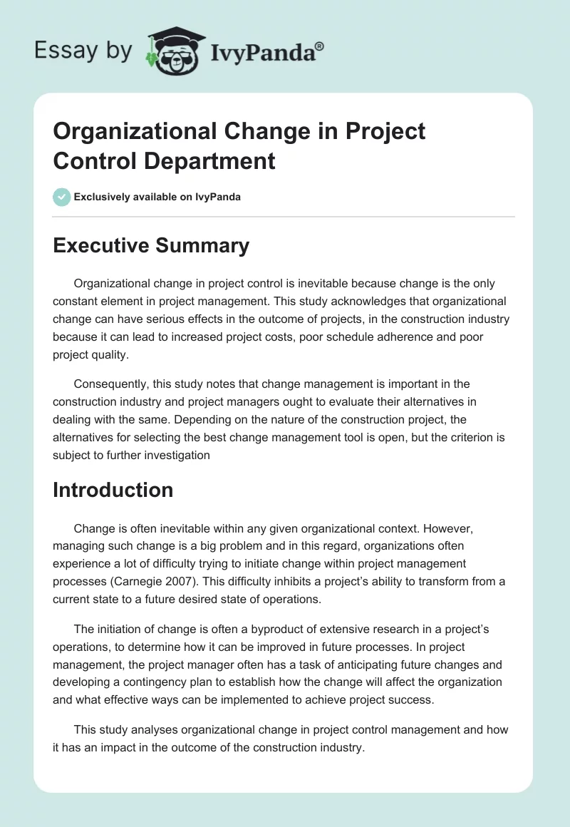 Organizational Change in Project Control Department. Page 1