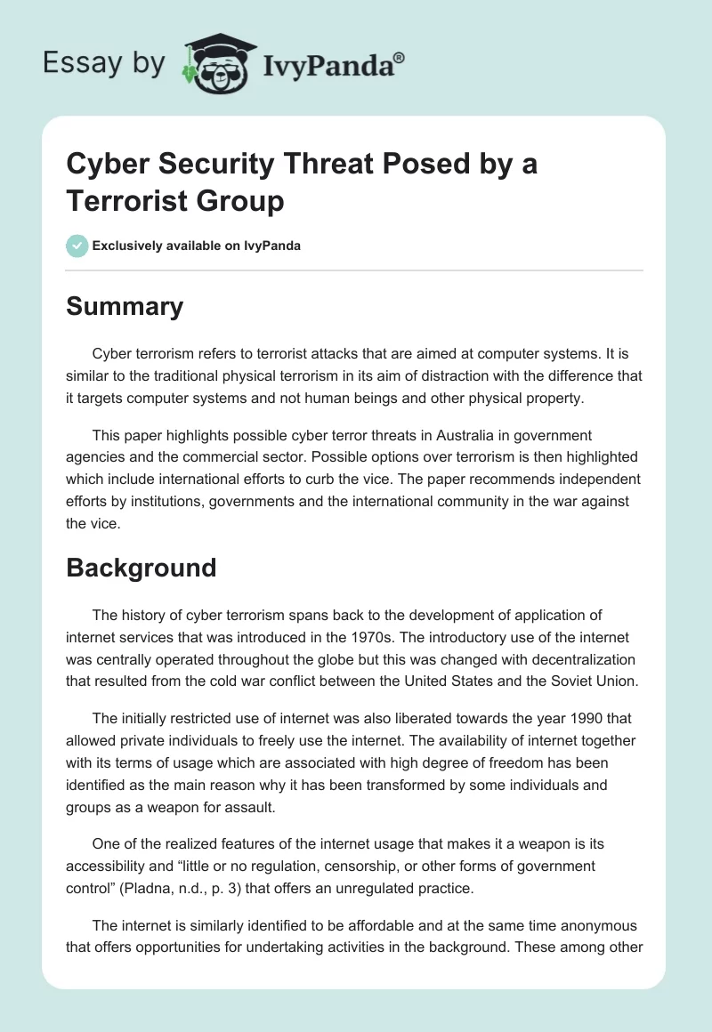 Cyber Security Threat Posed by a Terrorist Group. Page 1