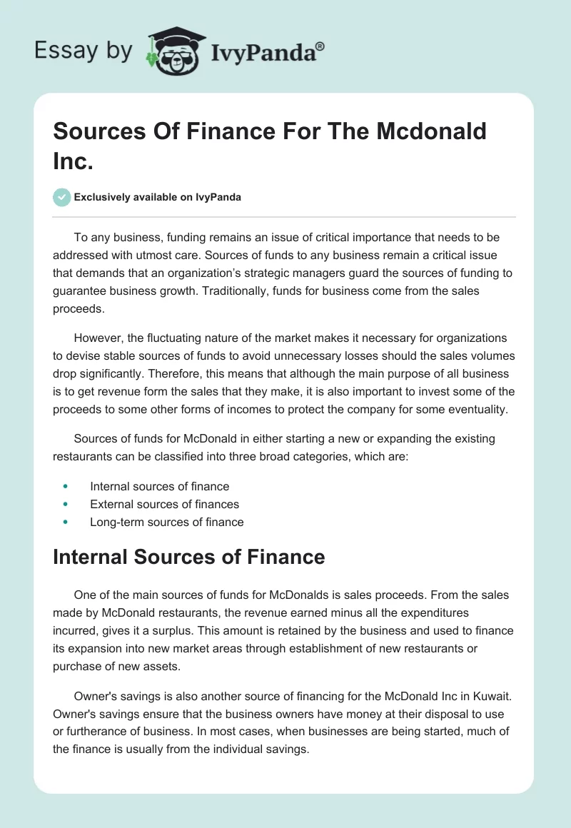 McDonald's Finance Sources. Page 1
