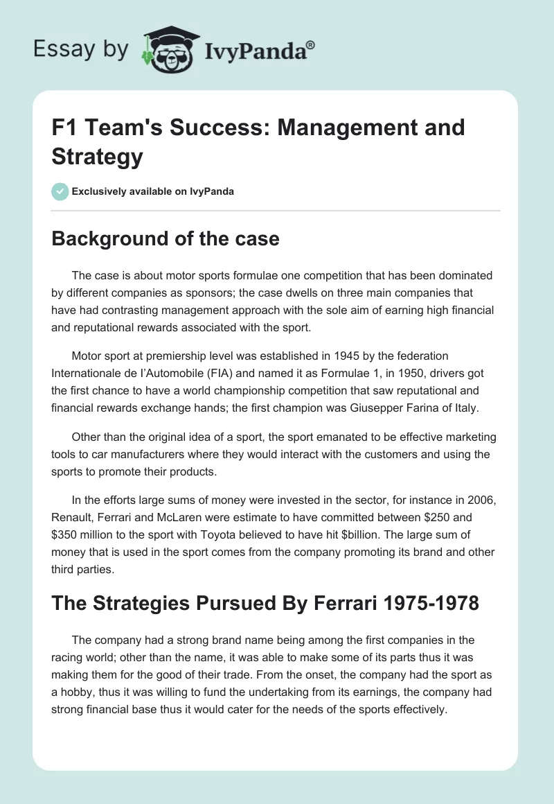 F1 Team's Success: Management and Strategy. Page 1