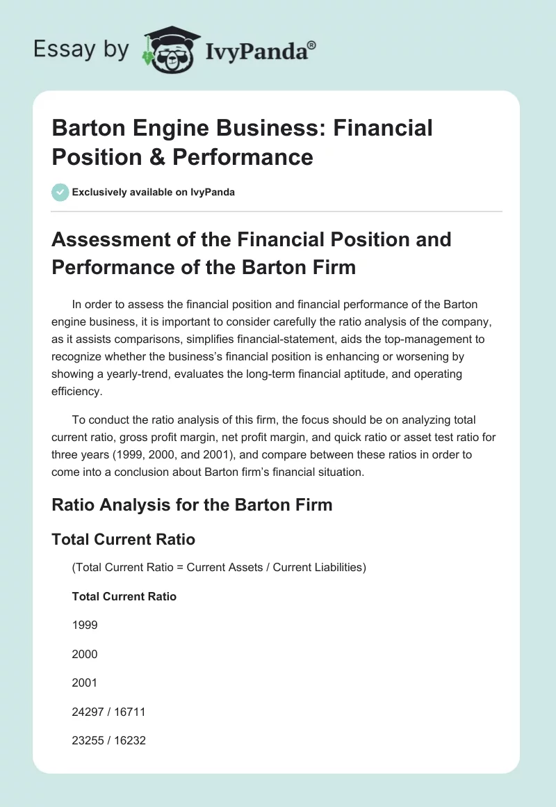 Barton Engine Business: Financial Position & Performance. Page 1