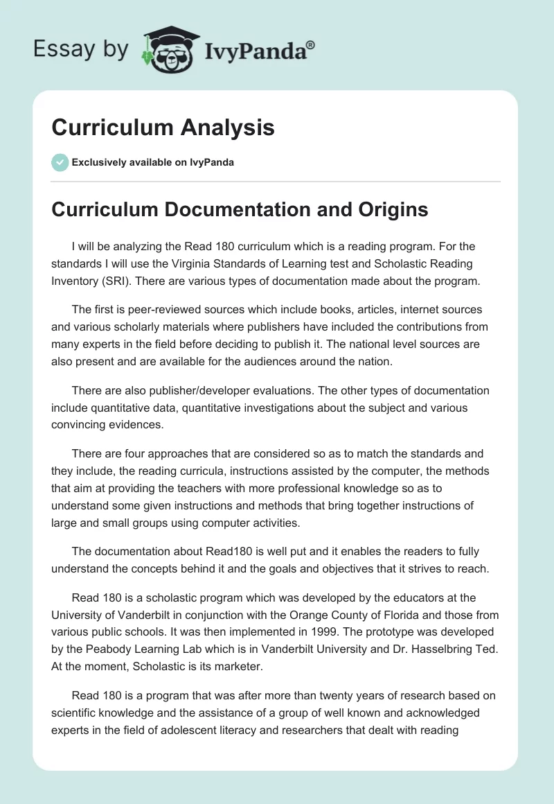 Curriculum Analysis. Page 1