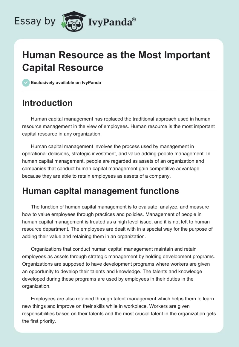 Human Resource as the Most Important Capital Resource. Page 1