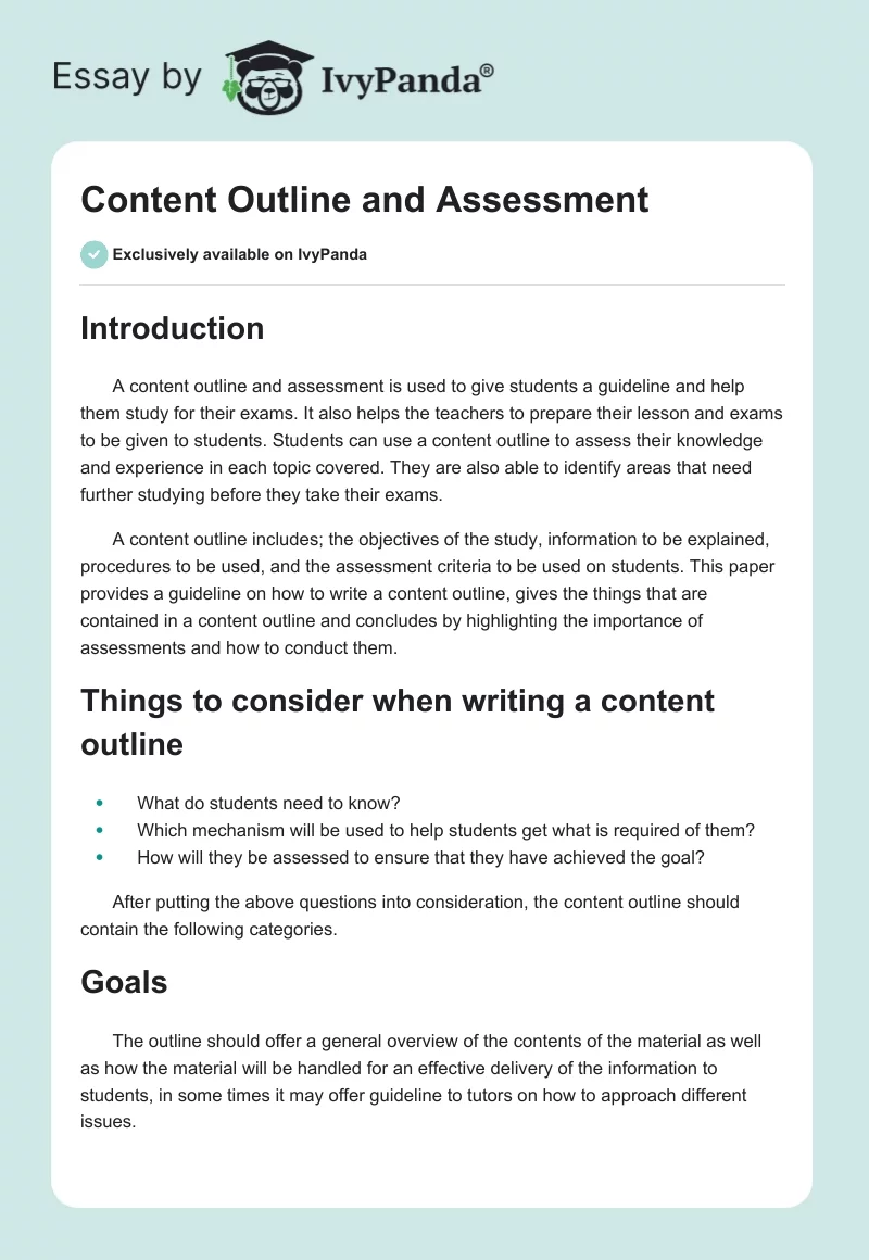 Content Outline and Assessment. Page 1