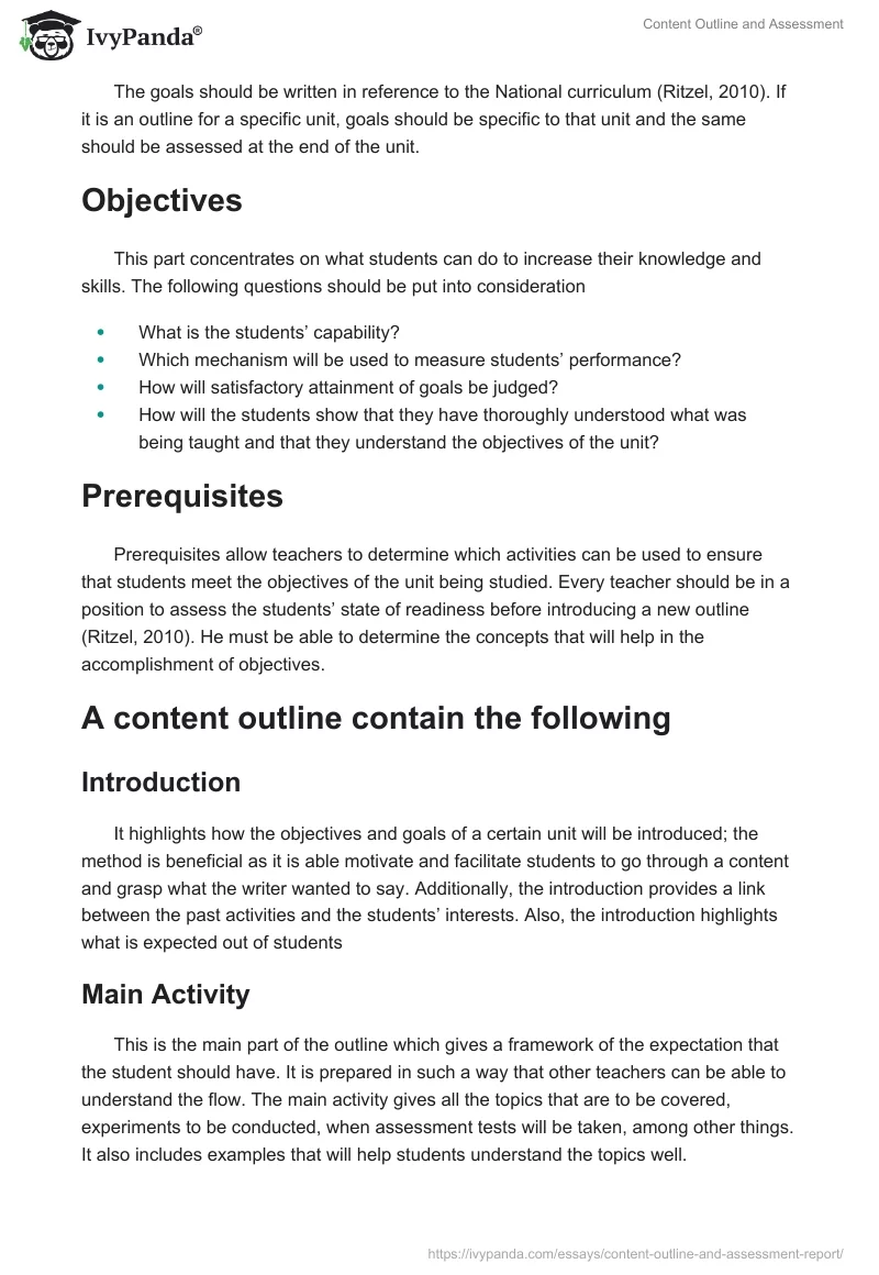 Content Outline and Assessment. Page 2