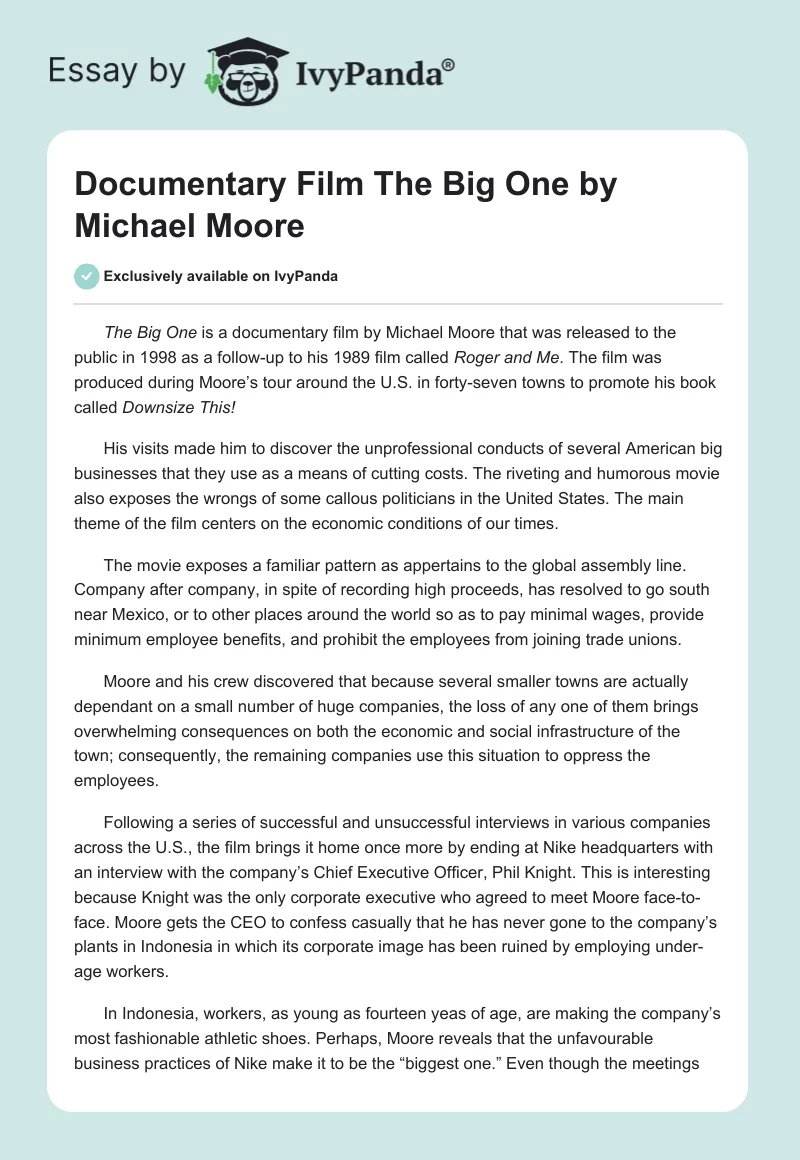 Documentary Film "The Big One" by Michael Moore. Page 1