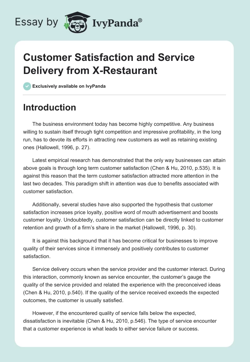 Customer Satisfaction and Service Delivery from X-Restaurant. Page 1