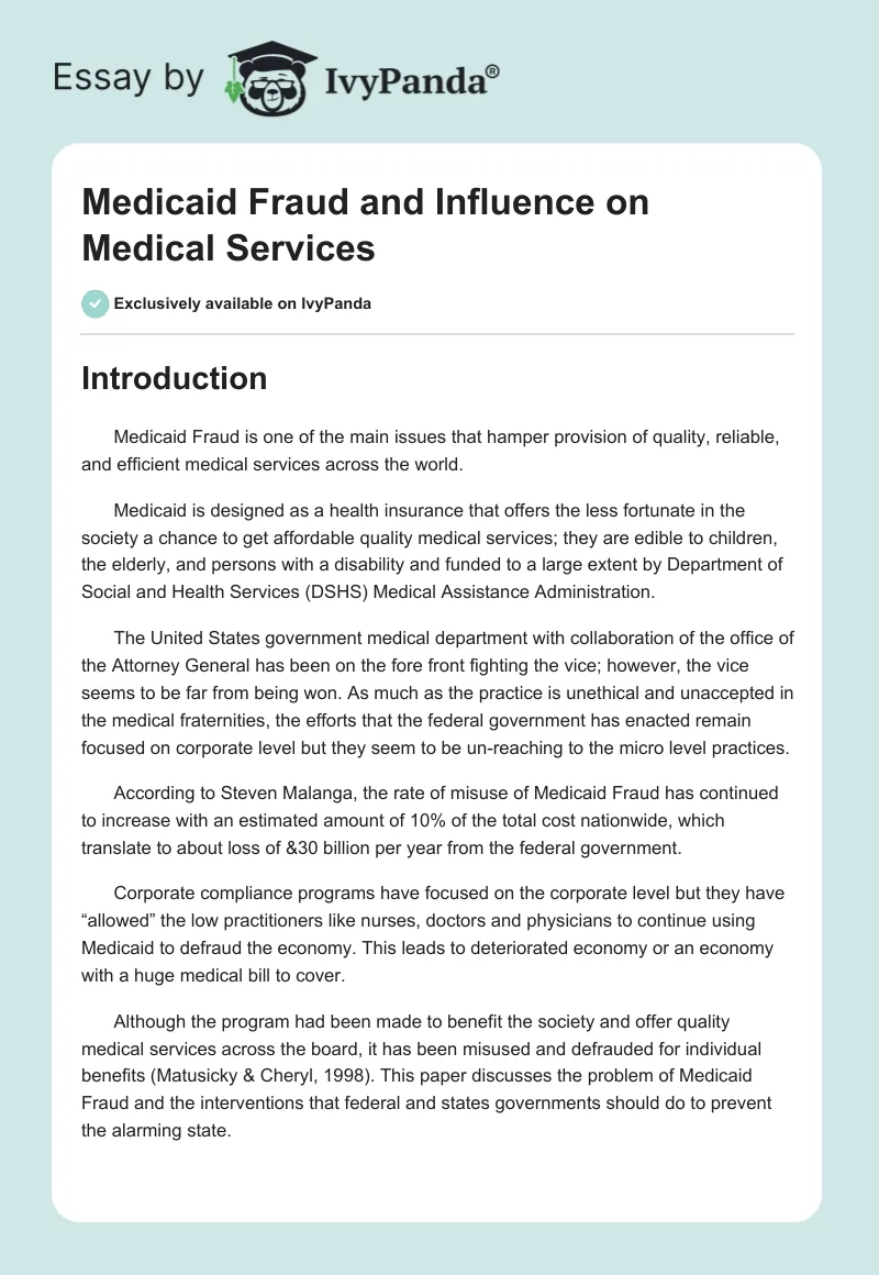 Medicaid Fraud and Influence on Medical Services. Page 1