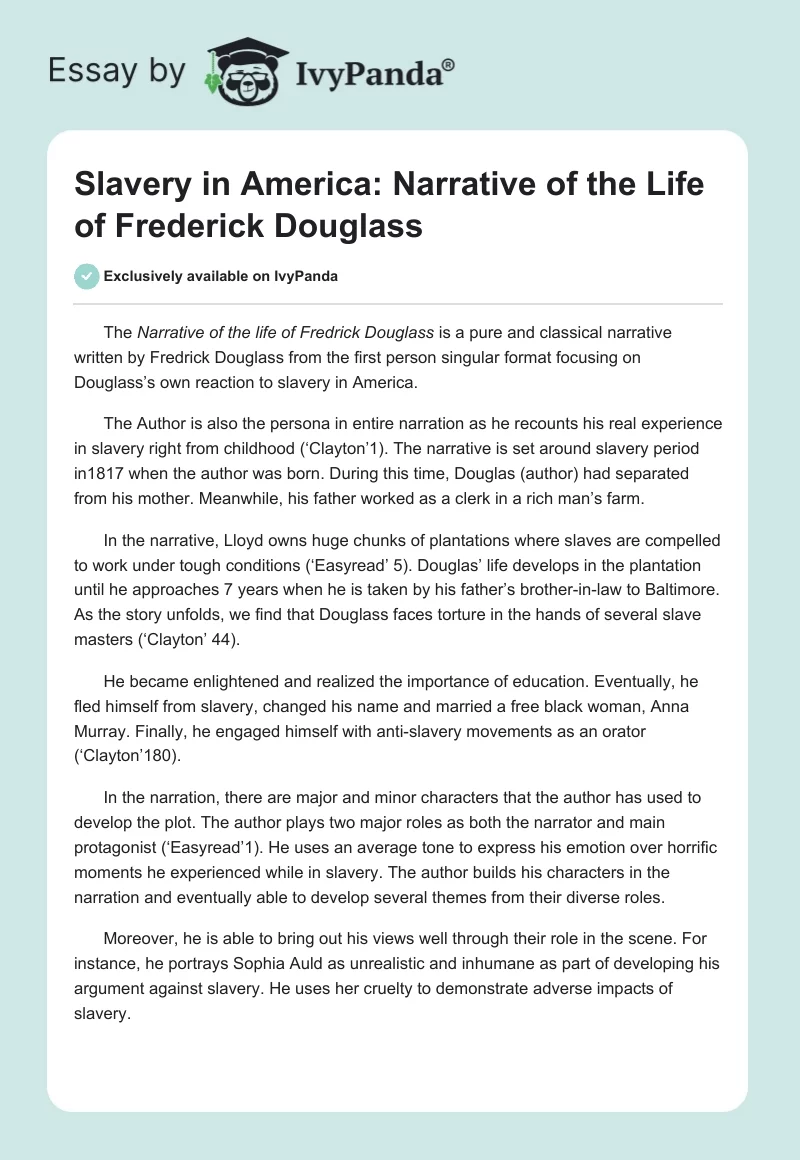 Slavery in America: "Narrative of the Life of Frederick Douglass". Page 1