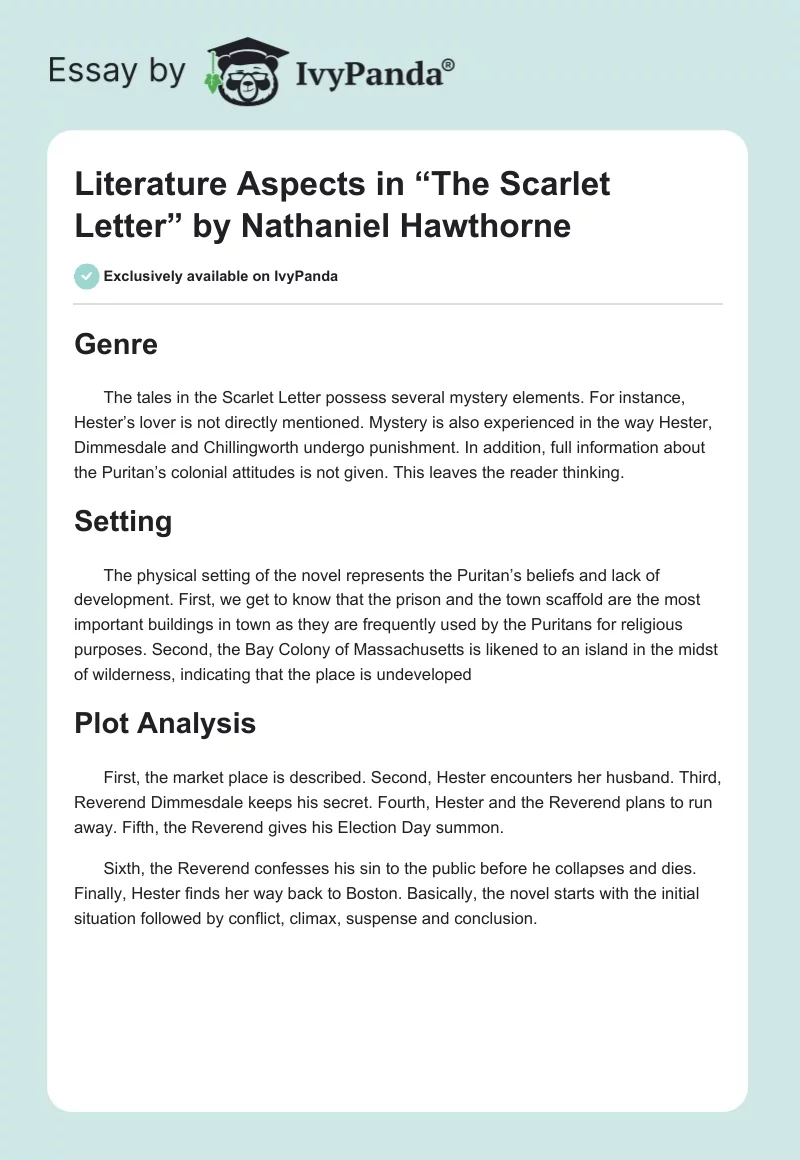 Literature Aspects in “The Scarlet Letter” by Nathaniel Hawthorne. Page 1