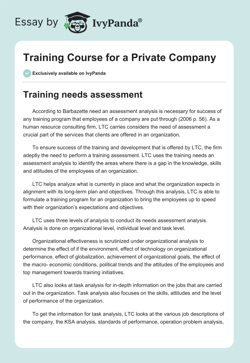 Training Course for a Private Company. Page 1