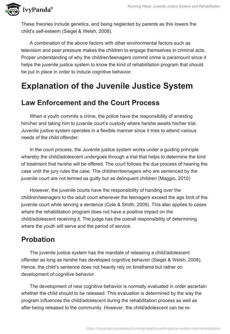 Running Head: Juvenile Justice System and Rehabilitation. Page 2