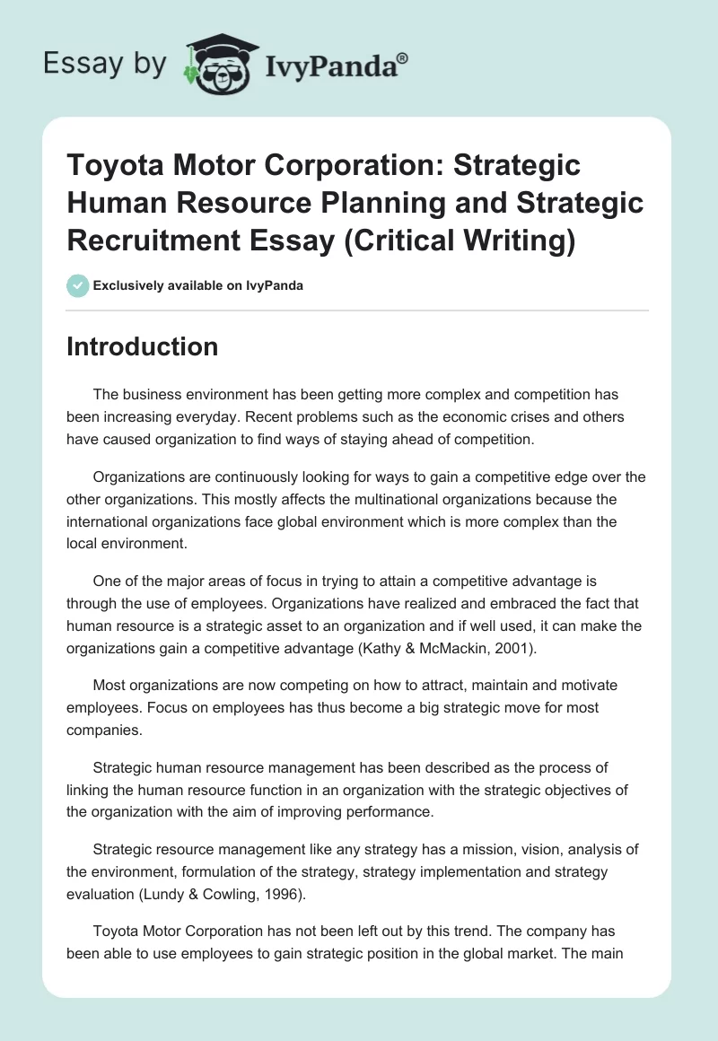 Toyota Motor Corporation: Strategic Human Resource Planning and Strategic Recruitment. Page 1