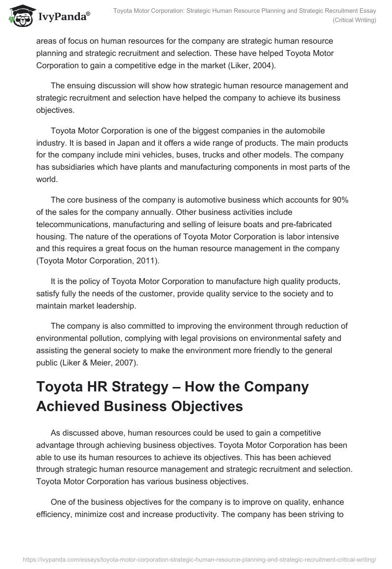 Toyota Motor Corporation: Strategic Human Resource Planning and Strategic Recruitment. Page 2