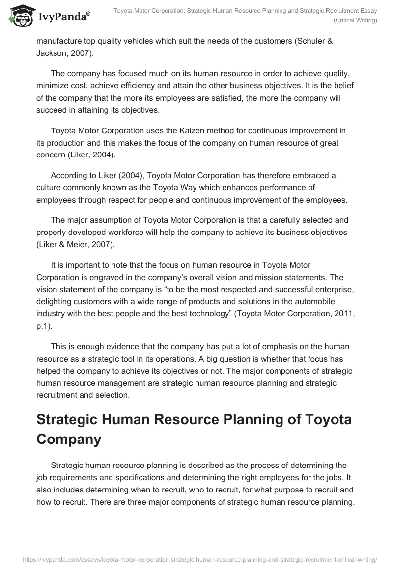 Toyota Motor Corporation: Strategic Human Resource Planning and Strategic Recruitment. Page 3