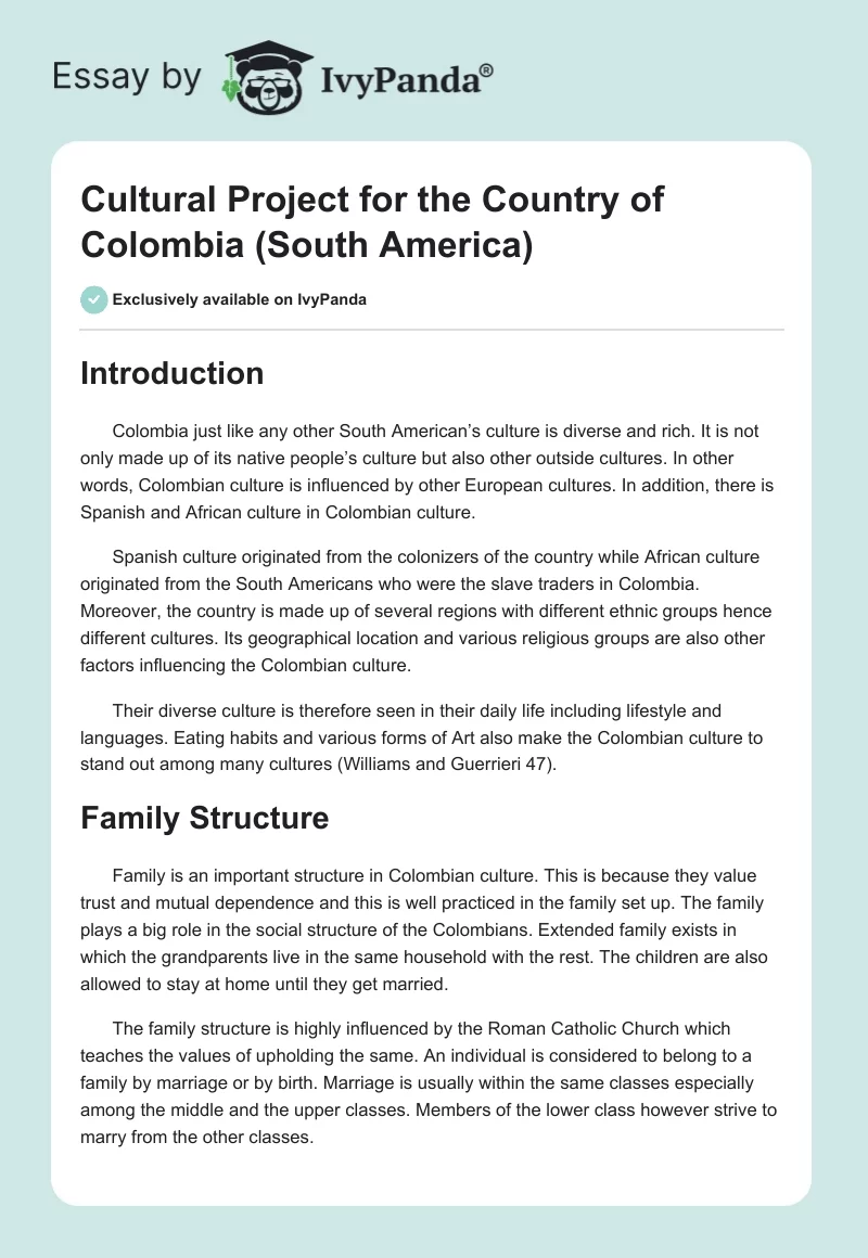 Cultural Project for the Country of Colombia (South America). Page 1