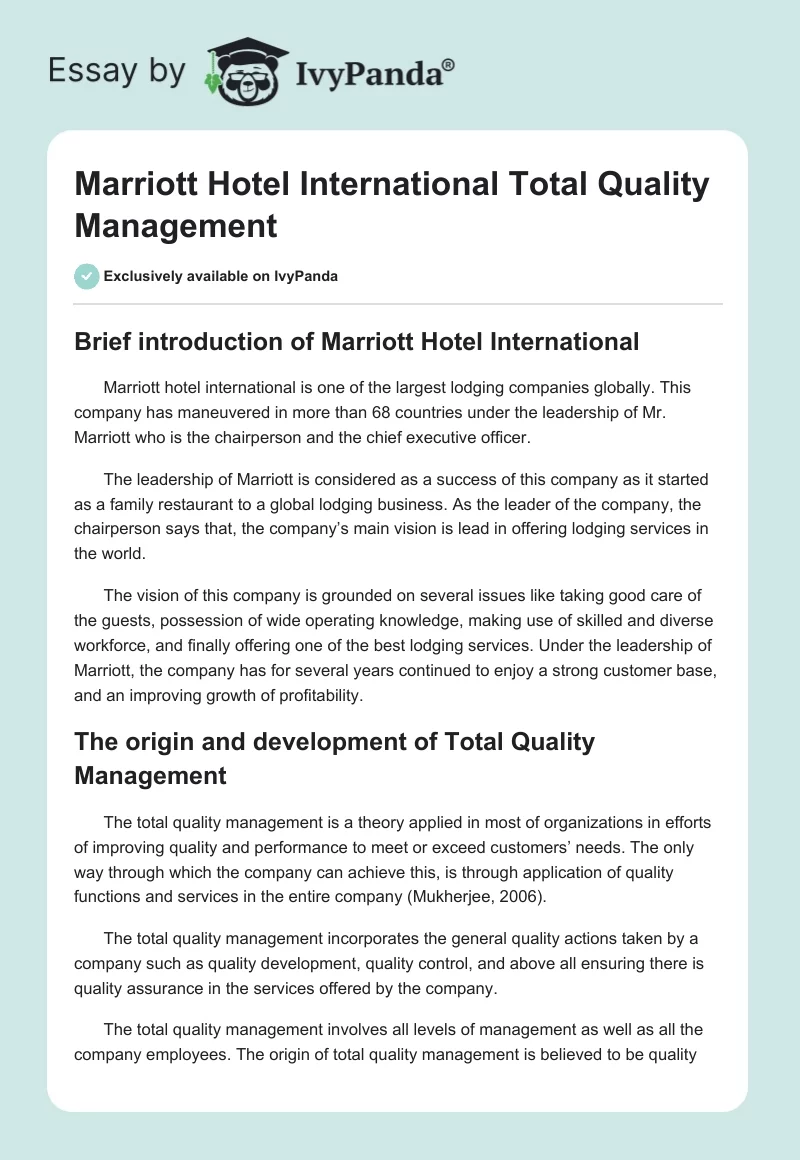 Marriott Hotel International Total Quality Management. Page 1