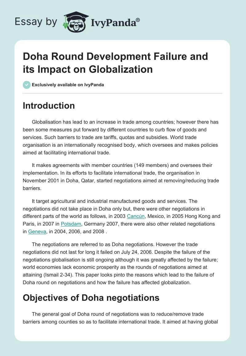 Doha Round Development Failure and its Impact on Globalization. Page 1