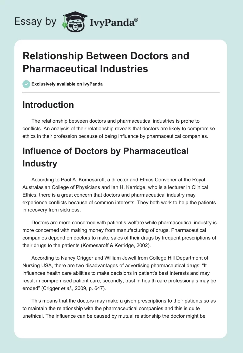 Relationship Between Doctors and Pharmaceutical Industries. Page 1