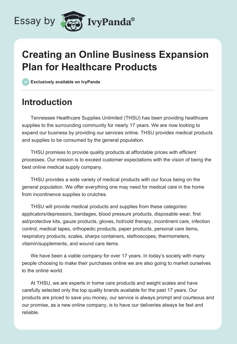 Creating an Online Business Expansion Plan for Healthcare Products. Page 1