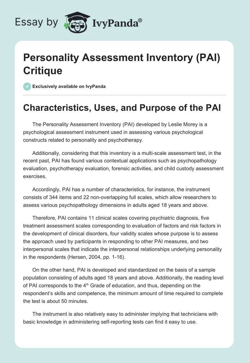 Personality Assessment Inventory (PAI) Critique. Page 1