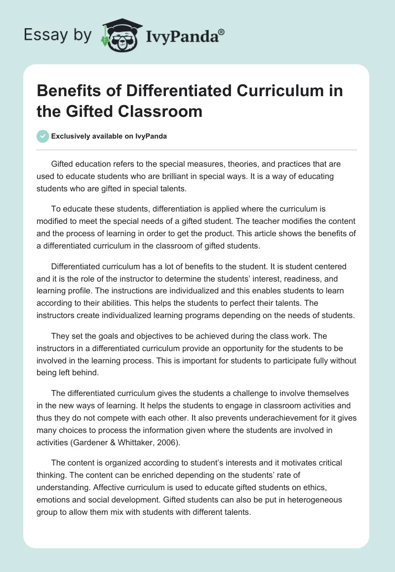 Benefits of Differentiated Curriculum in the Gifted Classroom. Page 1