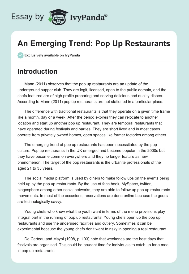 An Emerging Trend: Pop Up Restaurants. Page 1