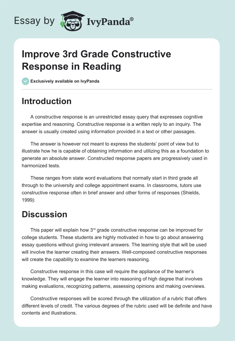 Improve 3rd Grade Constructive Response in Reading. Page 1