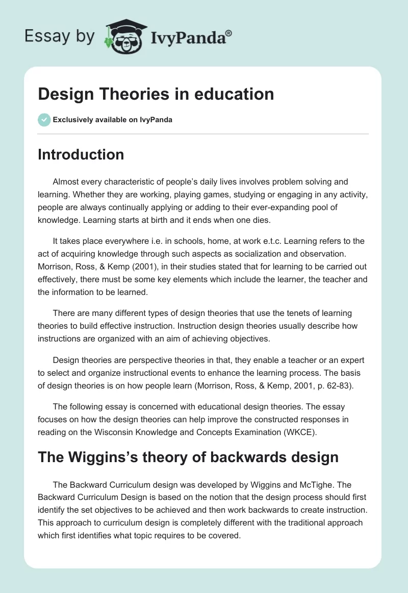 Design Theories in education. Page 1