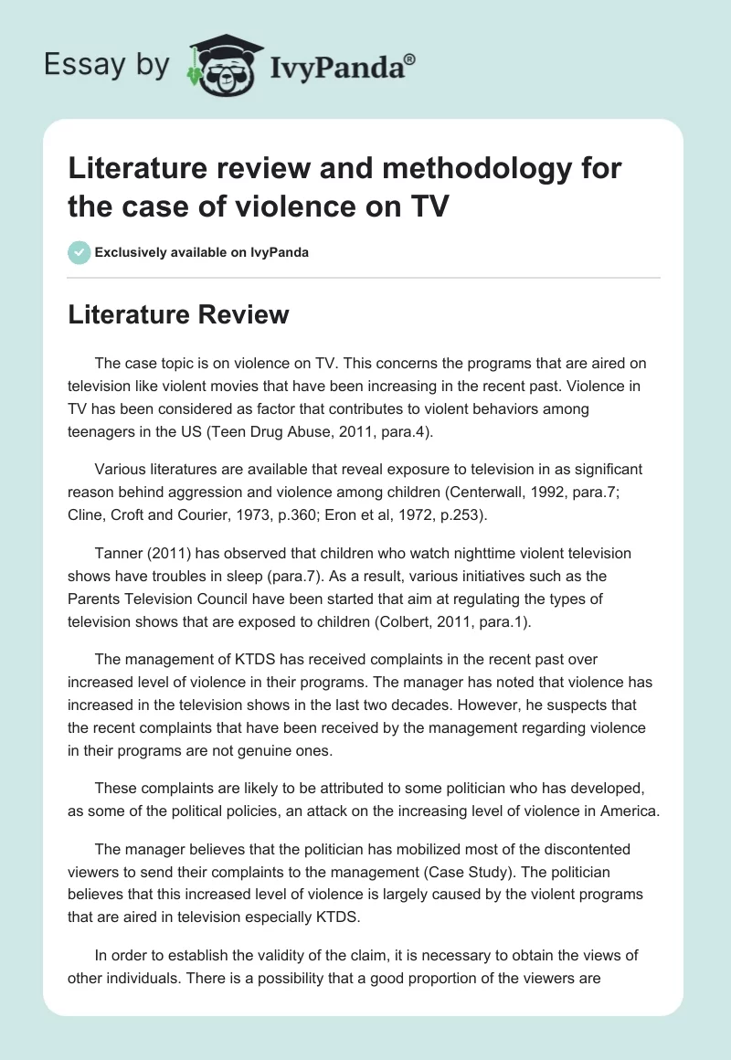 Literature Review and Methodology for the Case of Violence on TV. Page 1