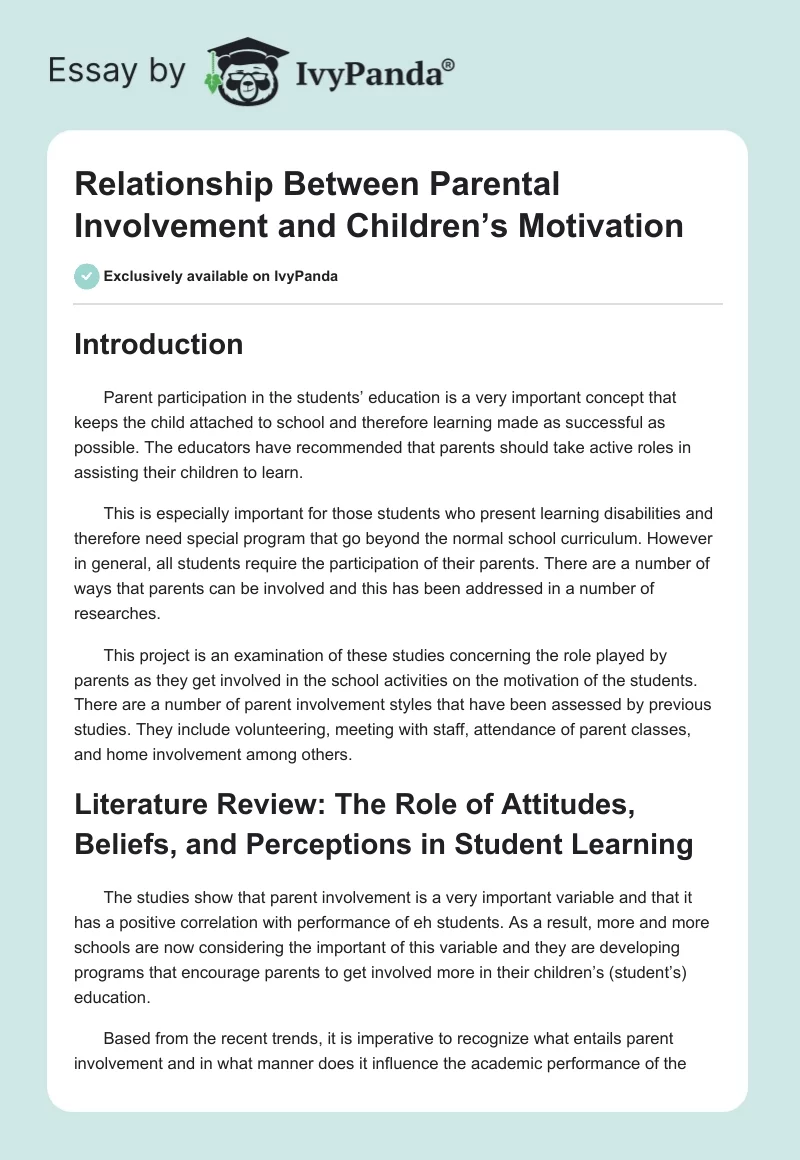 Relationship Between Parental Involvement and Children’s Motivation. Page 1