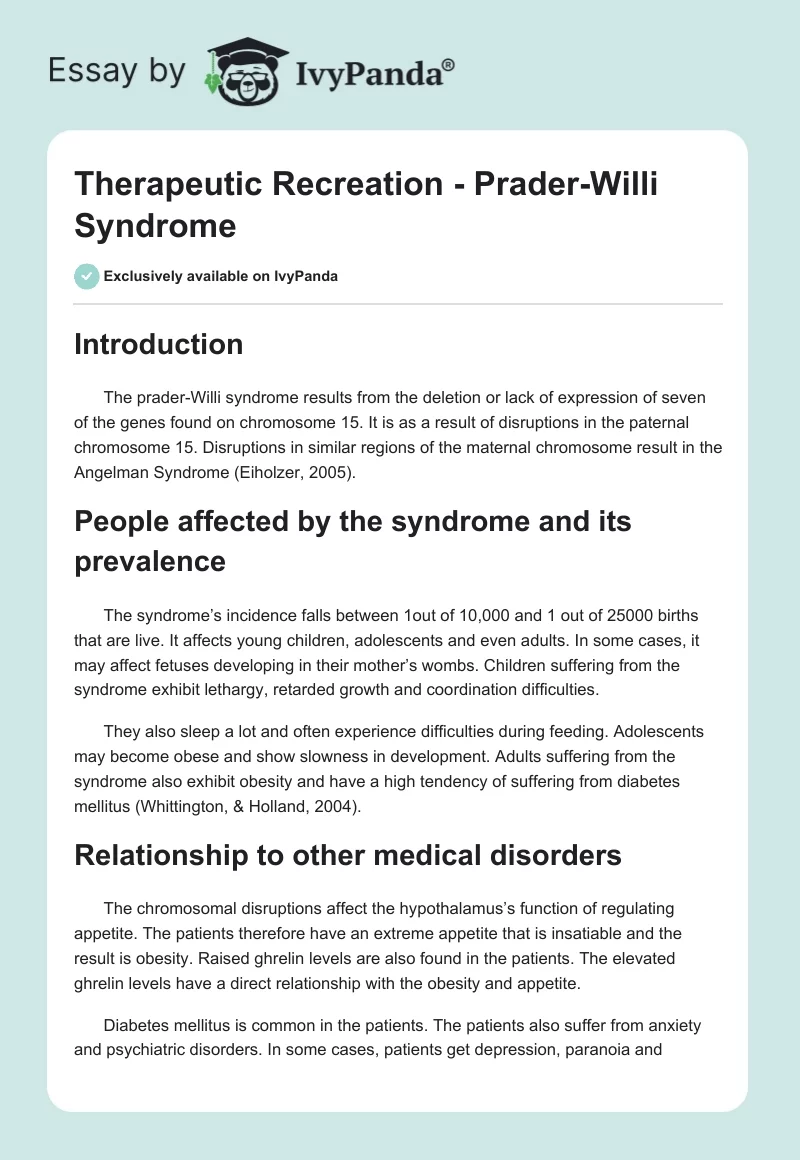 Therapeutic Recreation - Prader-Willi Syndrome. Page 1