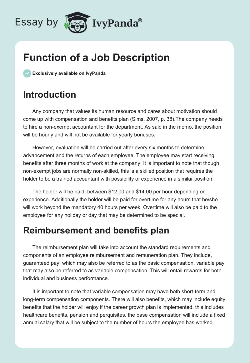 Function of a Job Description. Page 1
