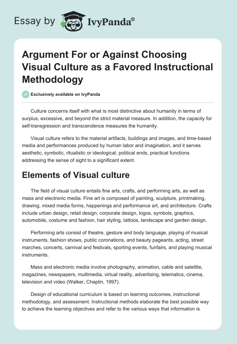 Argument for or Against Choosing Visual Culture as a Favored Instructional Methodology. Page 1