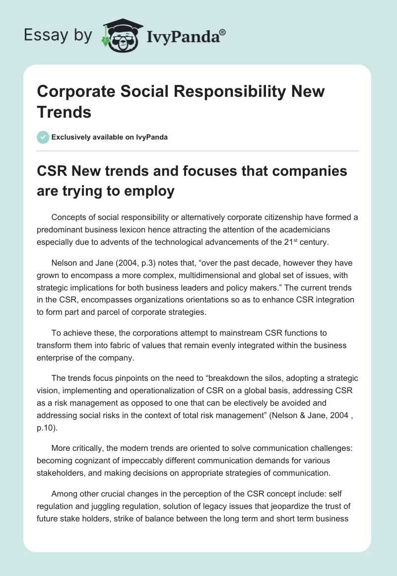 Corporate Social Responsibility New Trends. Page 1