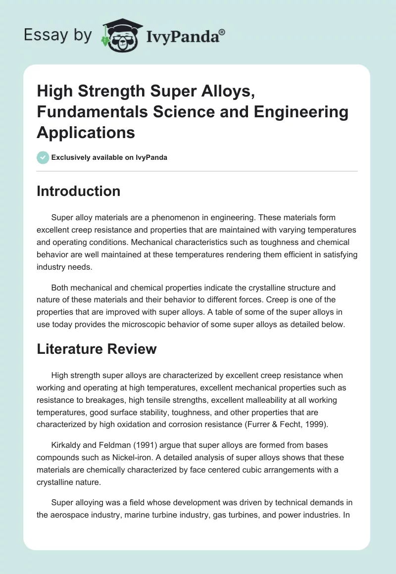 High Strength Super Alloys, Fundamentals Science and Engineering Applications. Page 1