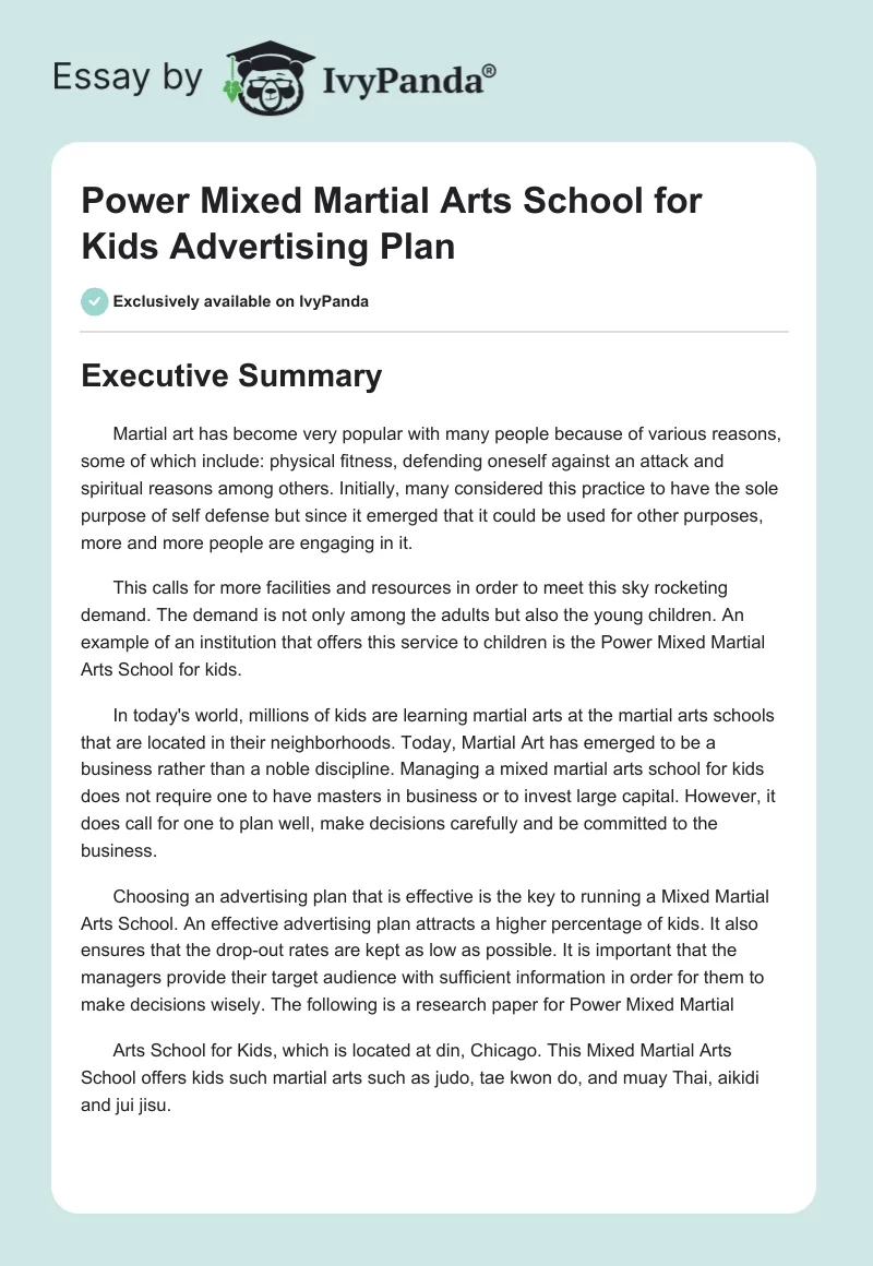 Power Mixed Martial Arts School for Kids Advertising Plan. Page 1
